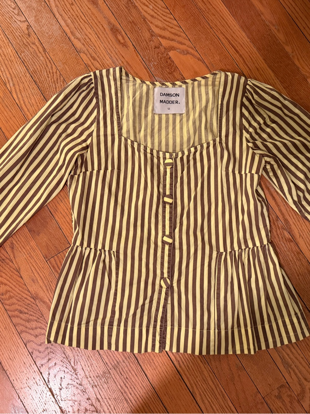 Damson madder Women's Brown and butter yellow  Striped Blouse with Button-Trim